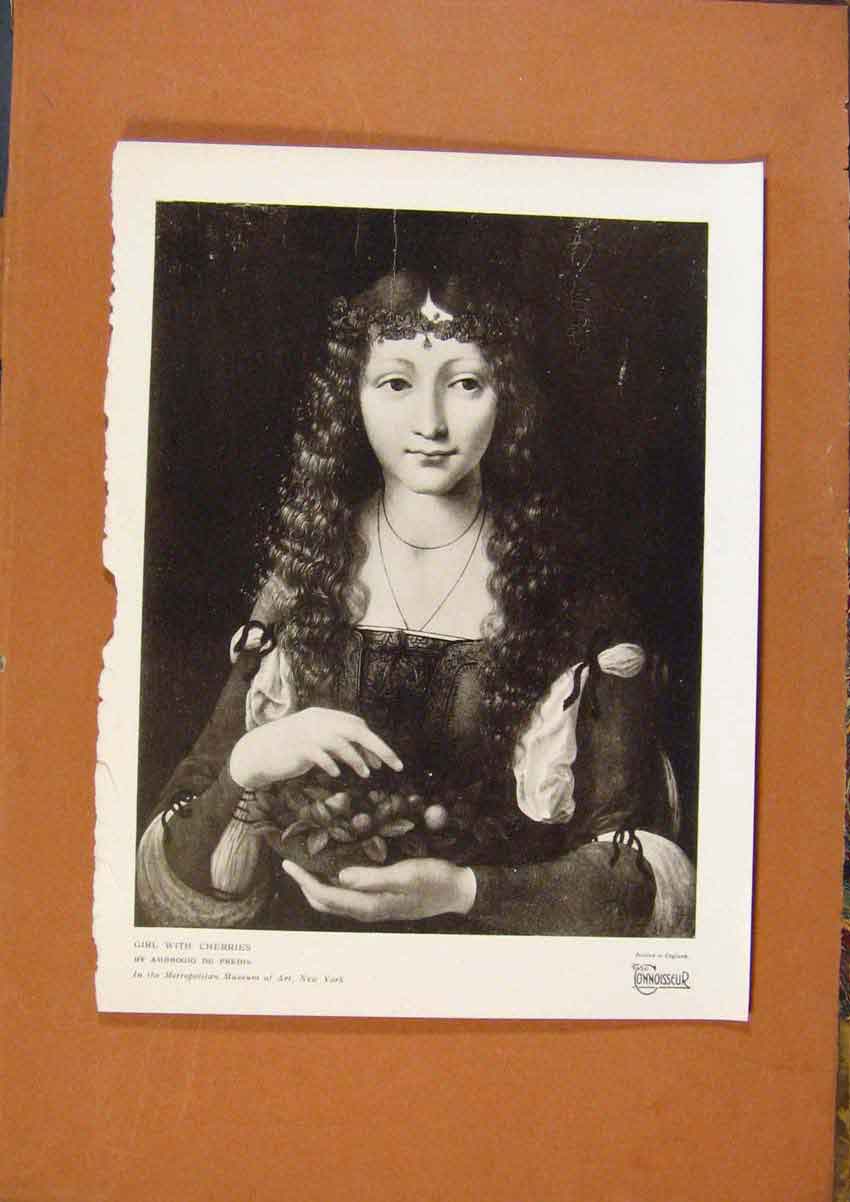Original Old Antique Print Connoisseur 1902-1909 Girl With Cherris By Predis Art