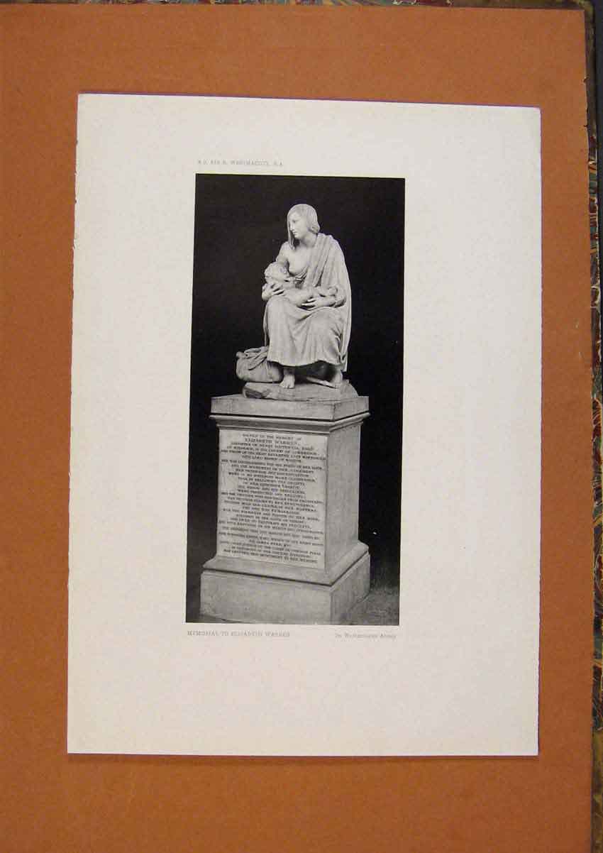 Original Old Antique Print C1880 Memorial To Elizabeth Warren Art 19th