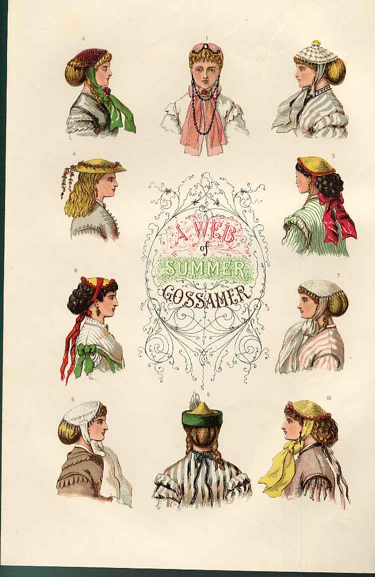 Original Old Antique Print Web Summer Gossip 1866 Parisian Hats Nature In Art