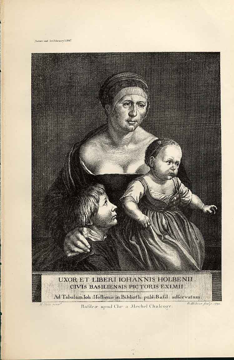 Original Old Antique Print Wife Children Johann Holbein From Nature In Art 1866