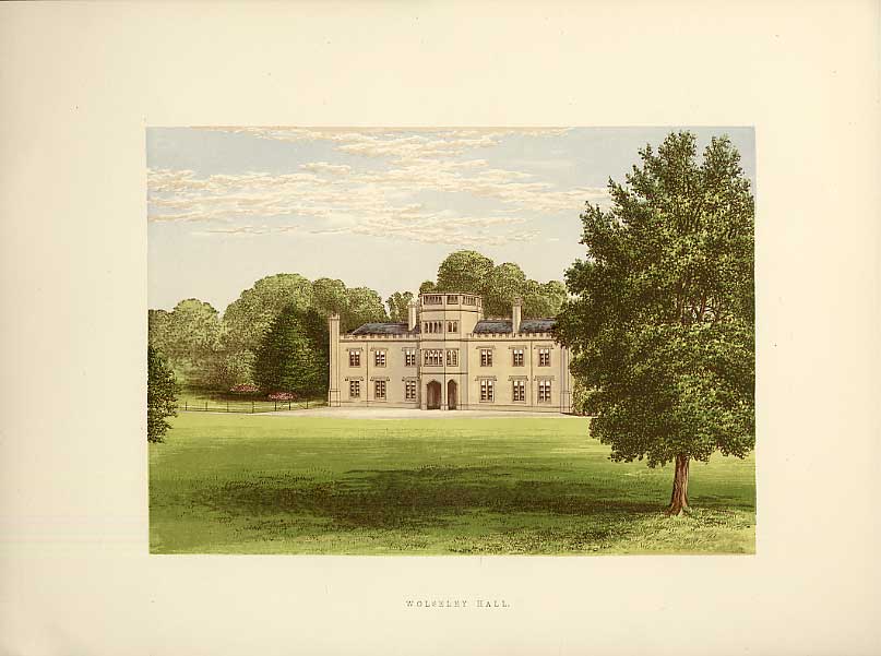 Original Old Antique Print Wolseley Hall Rugeley Stafford H/O Wolseley 1880 19th