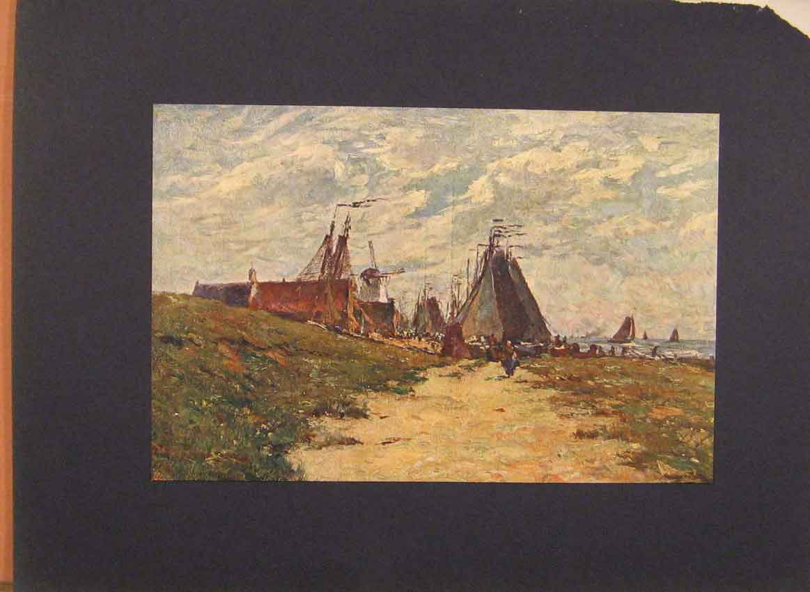 Original Old Antique Print German Art Grand Courtens Morgen Ufer Des Juiderfees