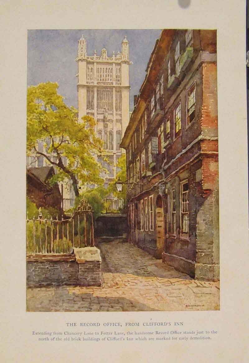 Original Old Antique Print Painting By Haslehust Record Office Clifford Inn