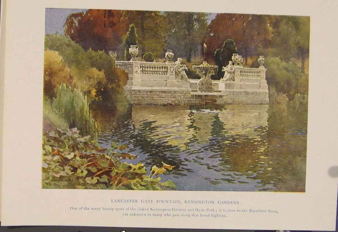 Original Old Antique Print Painting By Haslehust Lancaster Gate Fountain