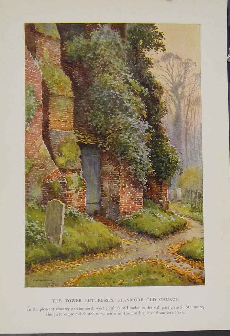 Old Antique Print Painting By Haslehust Tower Tuttresses Stanmore Church