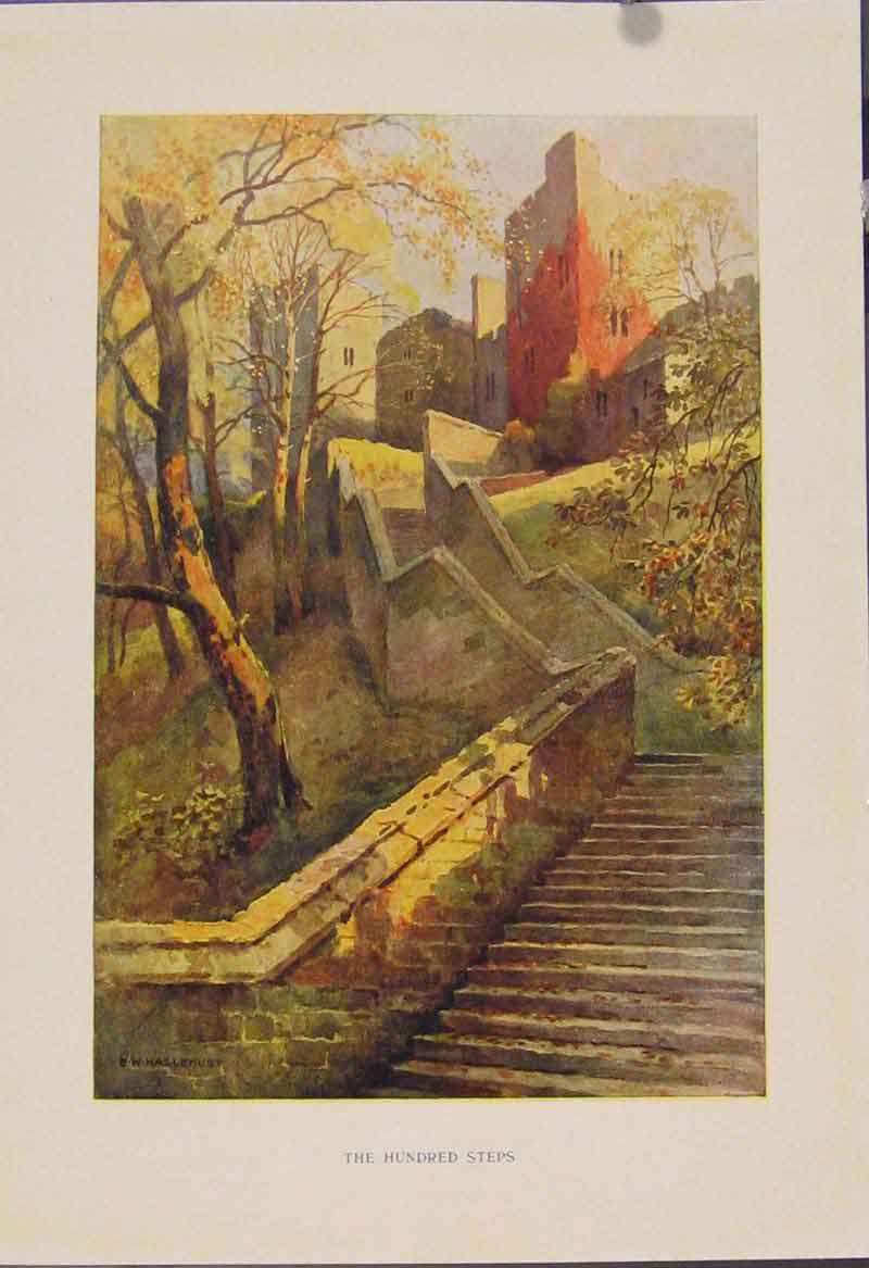 Original Old Antique Print Painting By Haslehust Hundred Steps