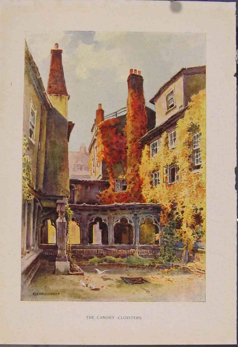 Original Old Antique Print Painting By Haslehust Canons Cloisters