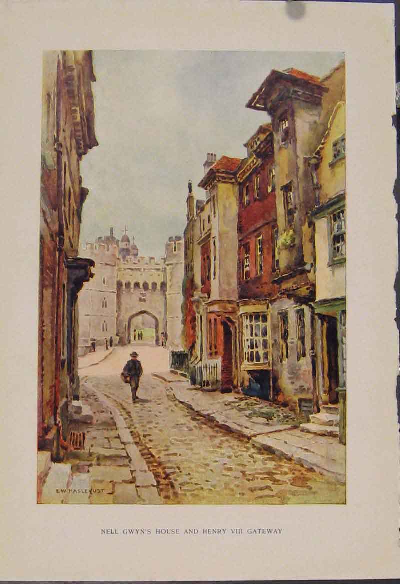 Old Antique Print Painting By Haslehust Newll Gwyns House Henry Viii Gate