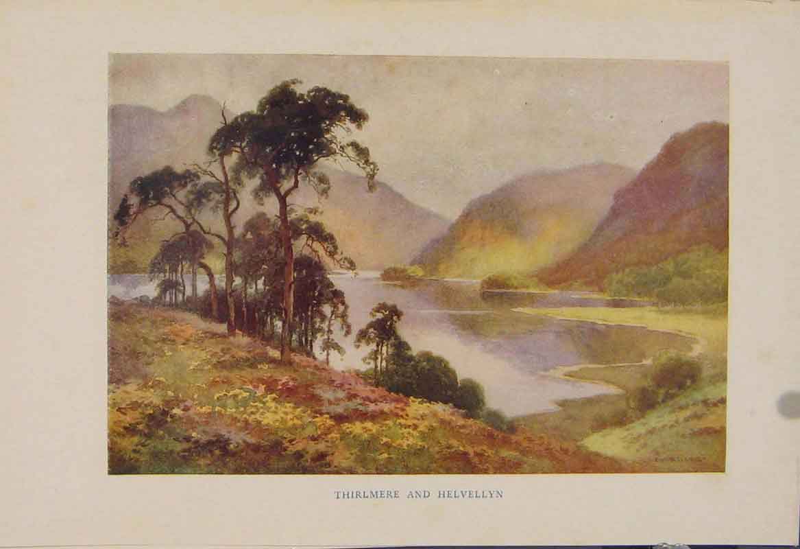 Original Old Antique Print Painting By Haslehust Thirlemer And Helvellyn