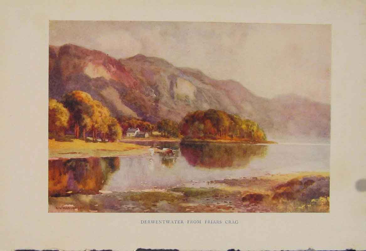 Original Old Antique Print Painting By Haslehust Derwentwater Friars Grag