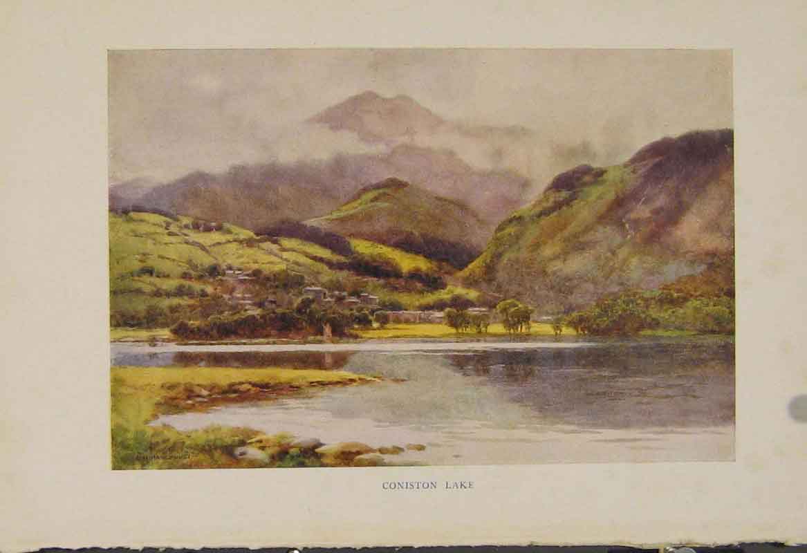 Original Old Antique Print Painting By Haslehust Conistons Lake English Country