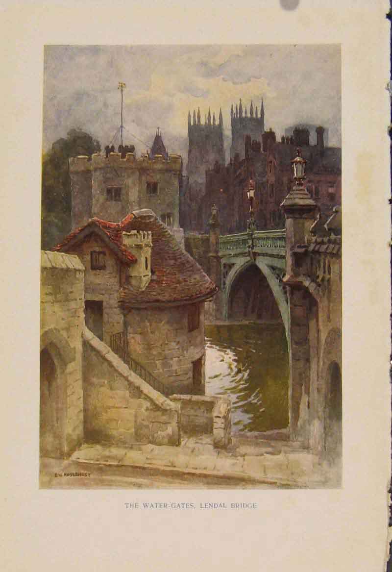 Original Old Antique Print Painting By Haslehust Watergates Lendal Bridge