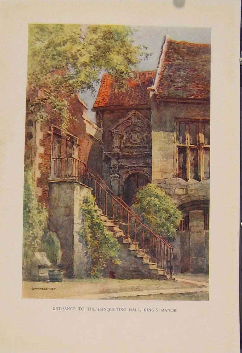 Original Old Antique Print Painting By Haslehust Banqueting Hall Kings Manor