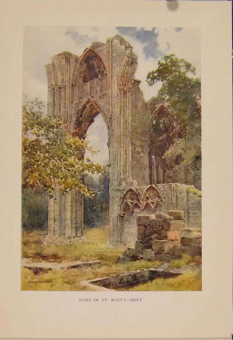Original Old Antique Print Painting By Haslehust Ruins St Marys Abbey