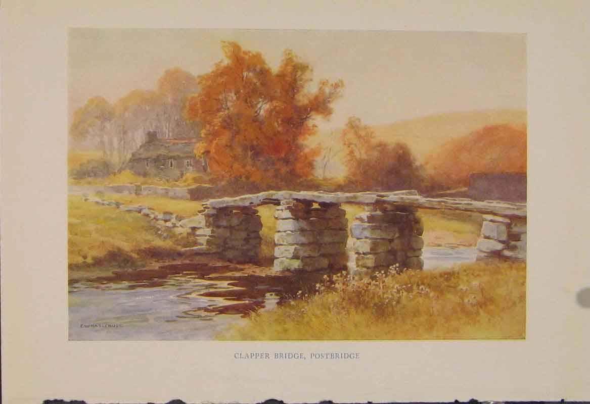 Original Old Antique Print Painting By Haslehust Clapper Bridge Postbridge