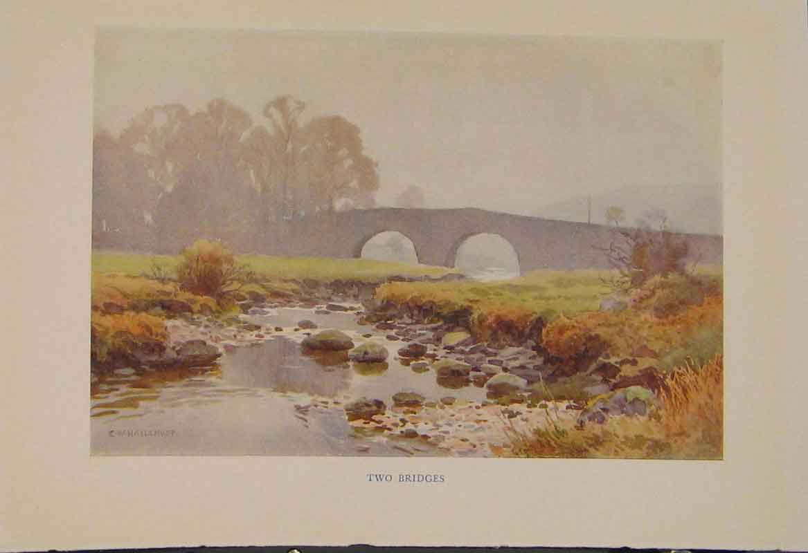 Original Old Antique Print Painting By Haslehust Two Bridges English Country