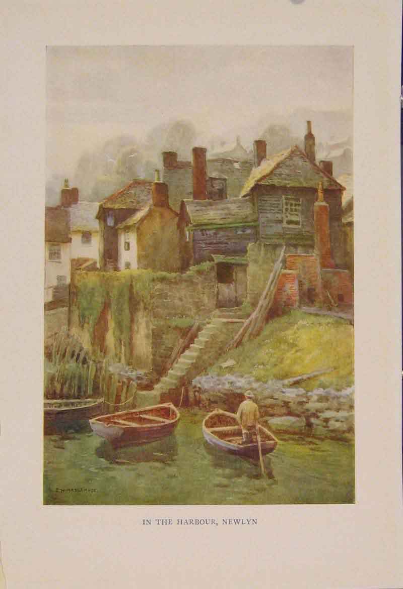 Original Old Antique Print Painting By Haslehust In The Harbour Newlyn Victorian