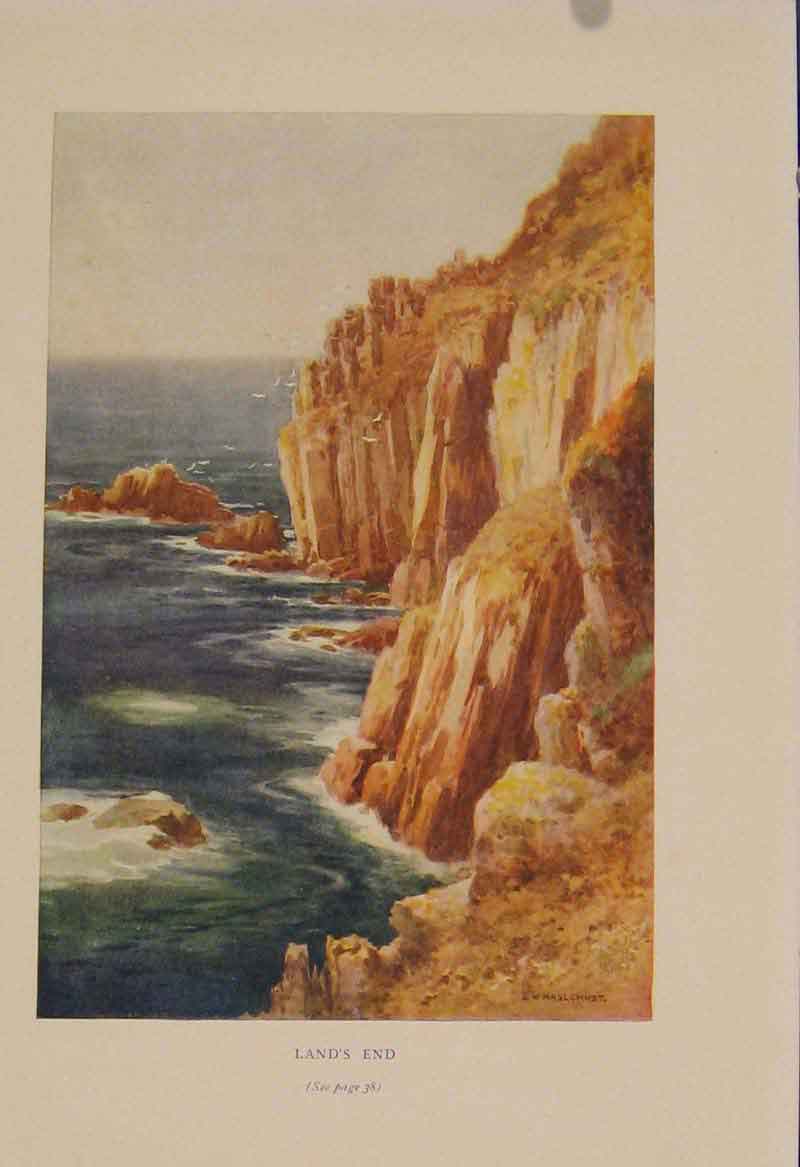 Original Old Antique Print Painting By Haslehust Lands End England 20th Century