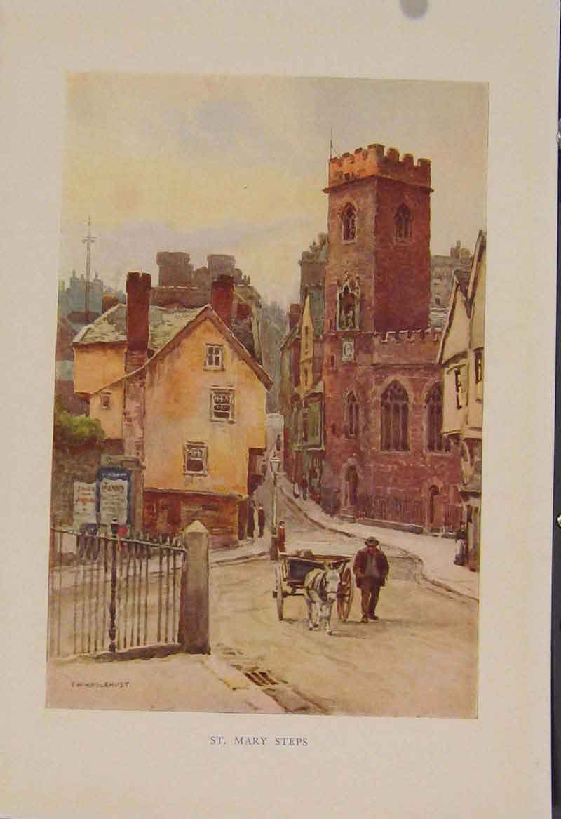 Original Old Antique Print Painting By Haslehust St Marys Steps