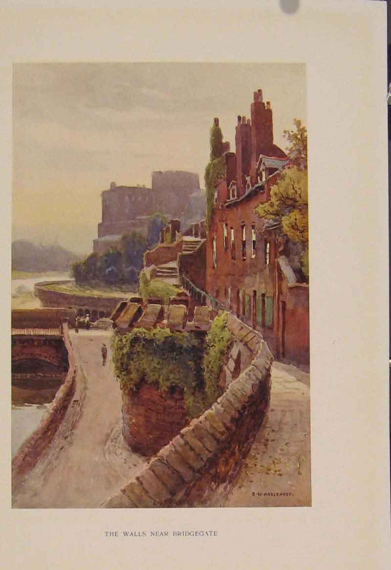 Original Old Antique Print Painting By Haslehust Wa;;S Near Bridgegate Color