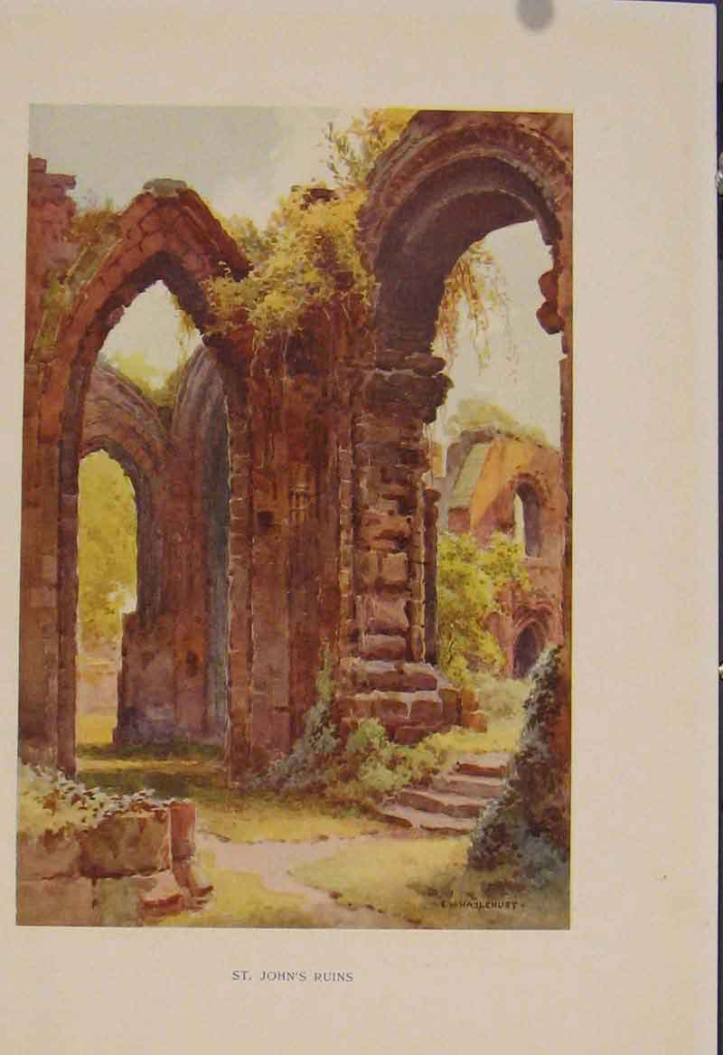 Original Old Antique Print Painting By Haslehust St Johns Ruins