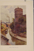 Original Old Antique Print Painting By Haslehust Phoenix Tower And Canal