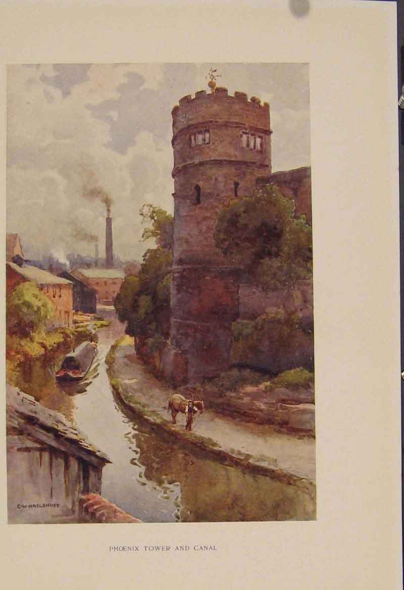 Original Old Antique Print Painting By Haslehust Phoenix Tower And Canal