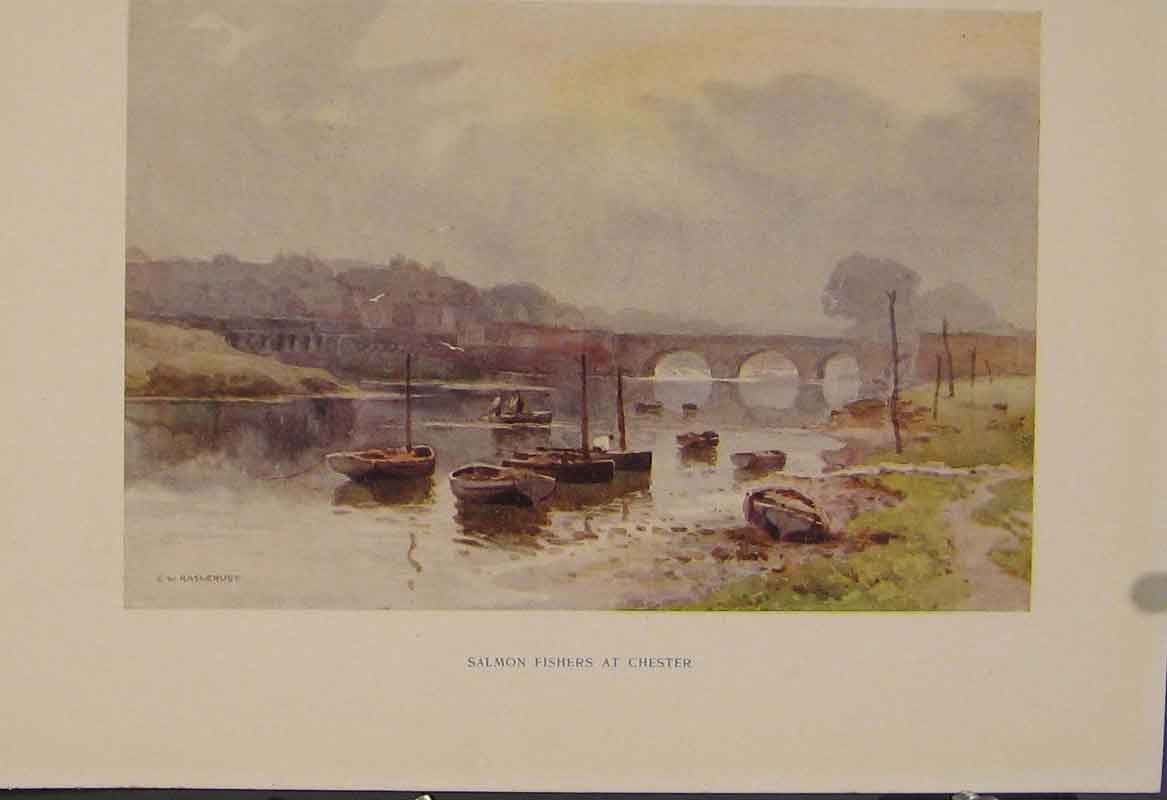 Original Old Antique Print Painting By Haslehust Salmon Fishers At Chester