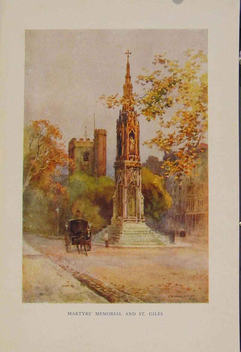 Original Old Antique Print Painting By Haslehust Martyrs Memorial St Giles