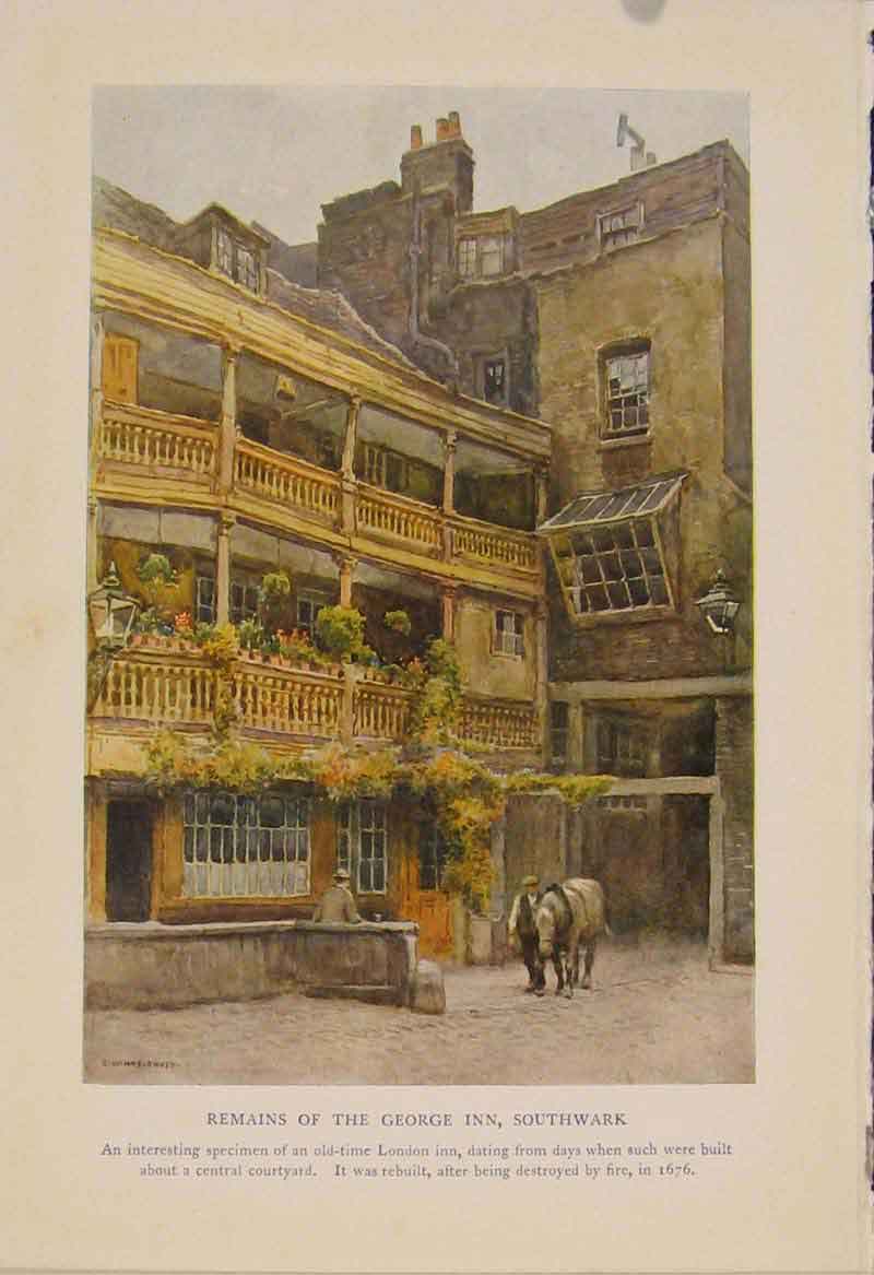 Old Antique Print Painting By Haslehust Remians The George Inn Southwark