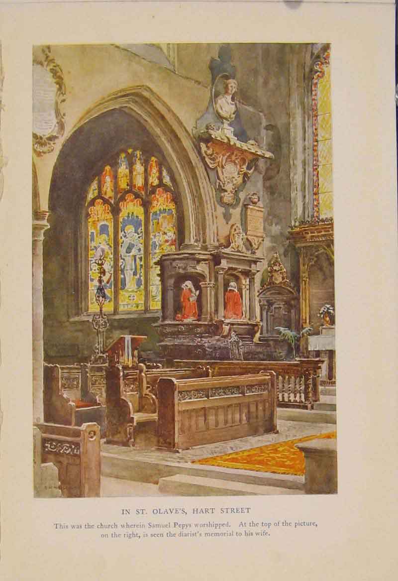 Original Old Antique Print Painting By Haslehust In St Olaves Hart Street