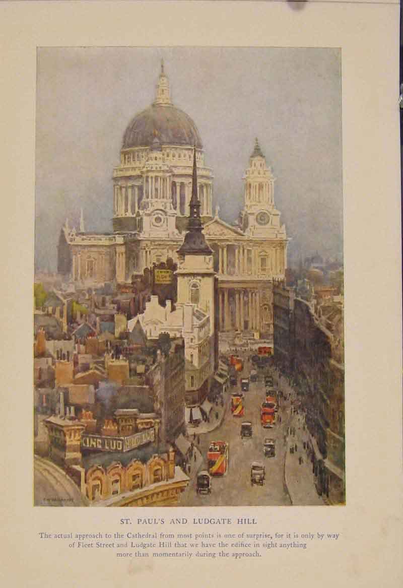 Original Old Antique Print Painting By Haslehust St Pauls And Ludgate Hill