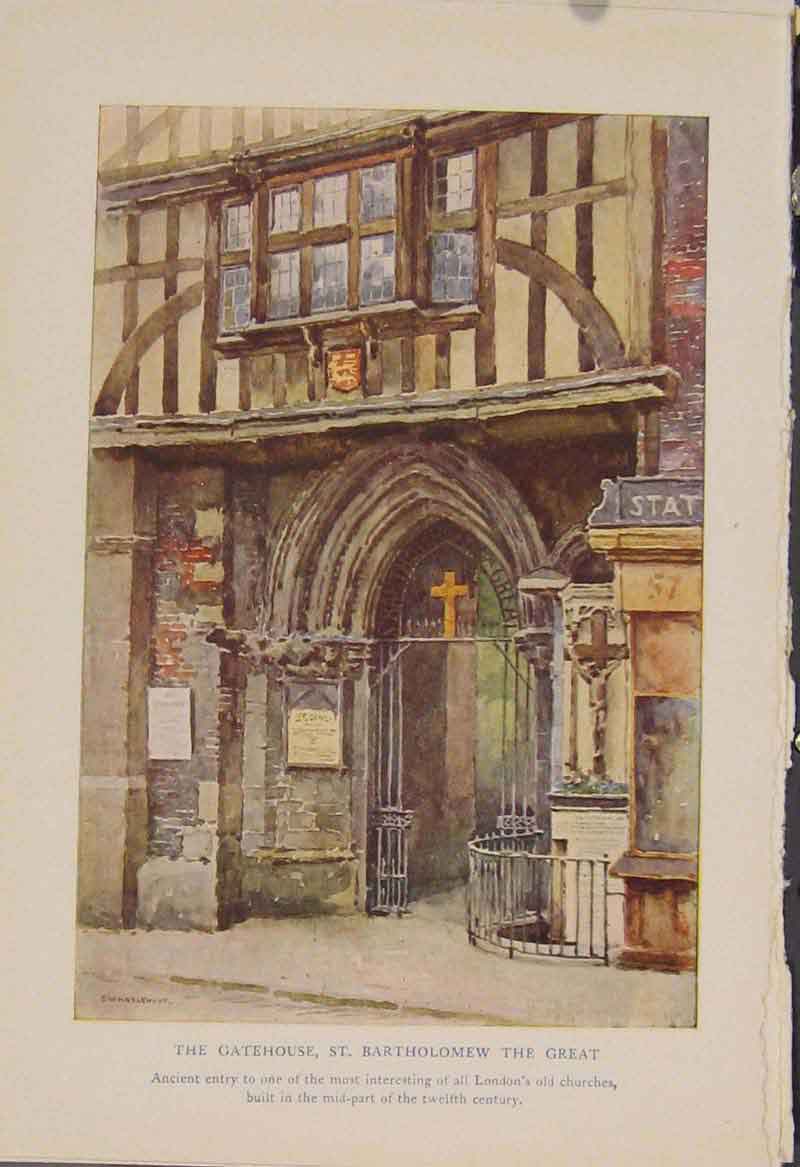 Original Old Antique Print Painting By Haslehust Gatehouse St Bartholomew Great