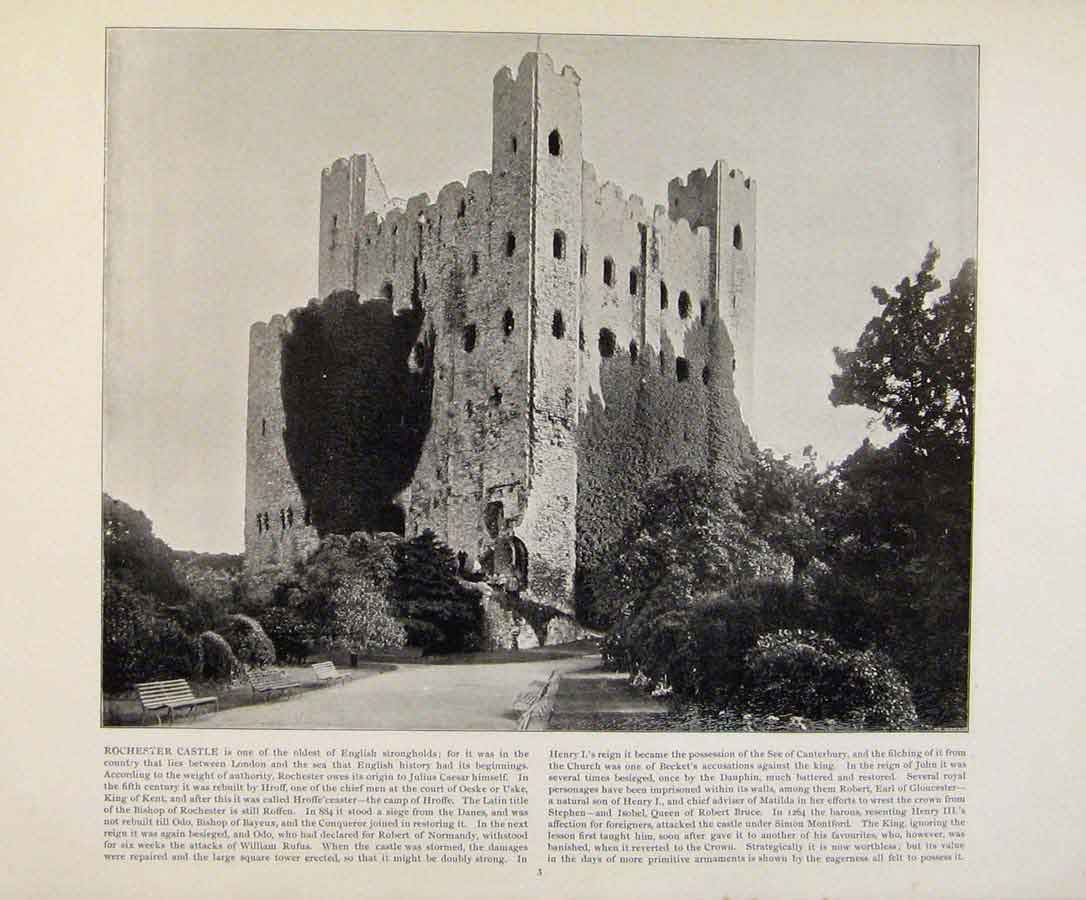 Original Old Antique Print Beautiful Britain Early Photograph Rochester Castle