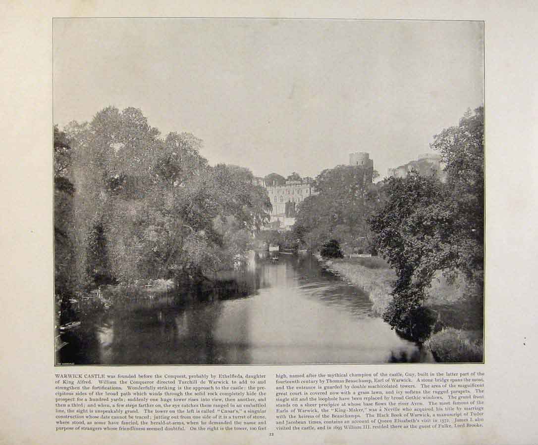 Original Old Antique Print Beautiful Britain Warwick Castle Early Photograph