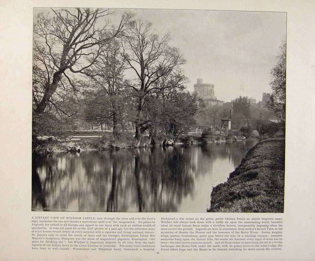 Original Old Antique Print Beautiful Britain Distant View Windsor Castle