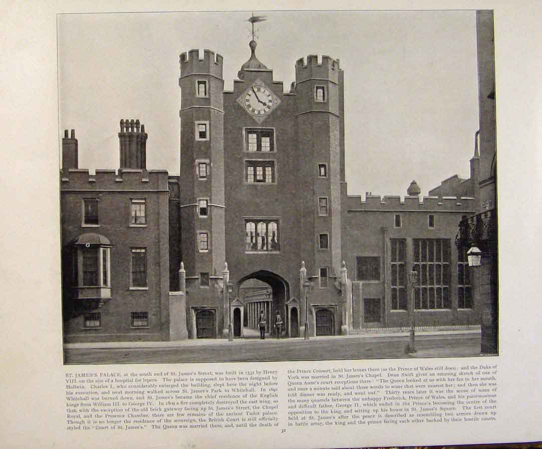 Original Old Antique Print Beautiful Britain St James Palace Early Photograph