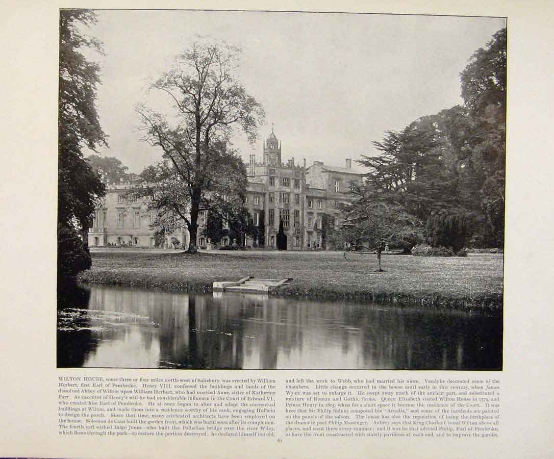 Original Old Antique Print Beautiful Britain Wilton House Early Photograph Prnt