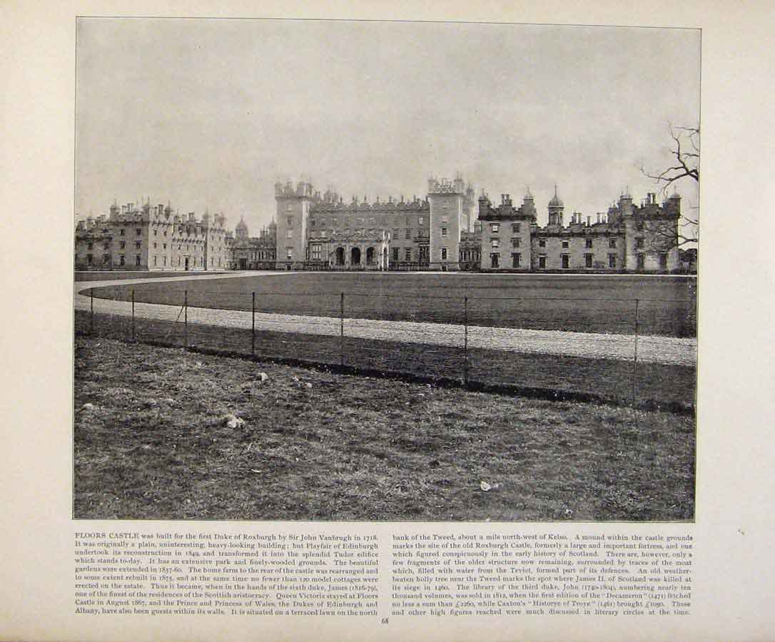 Original Old Antique Print Beautiful Britain Floors Castle Early Photograph
