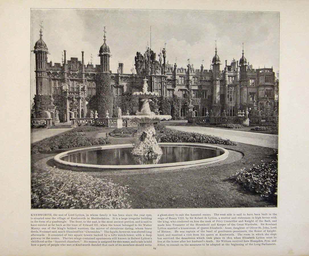 Original Old Antique Print Beautiful Britain Knebworth Early Photograph