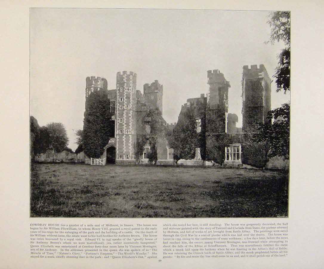 Original Old Antique Print Beautiful Britain Cowdray House Early Photograph