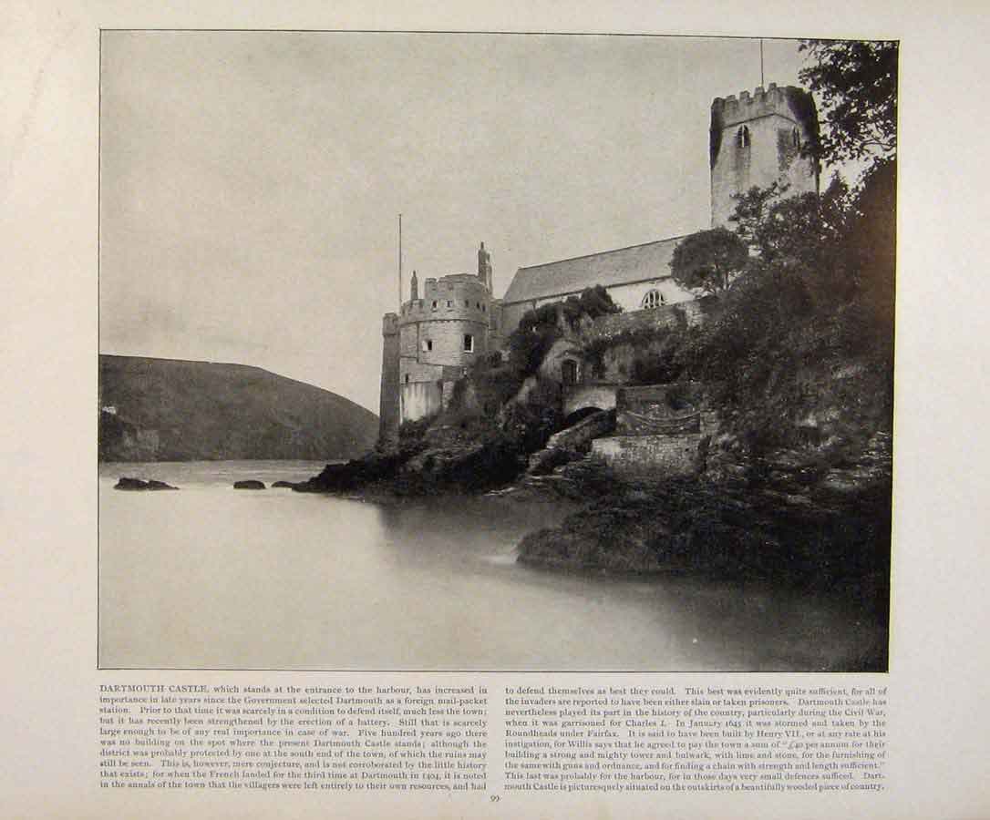 Original Old Antique Print Beautiful Britain Darthmouth Castle Early Photograph