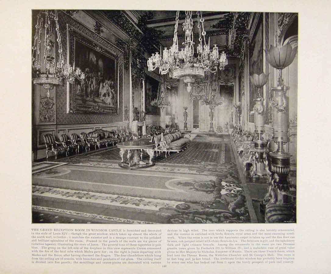 Original Old Antique Print Beautiful Britain Grand Reception Room Windsor Castle