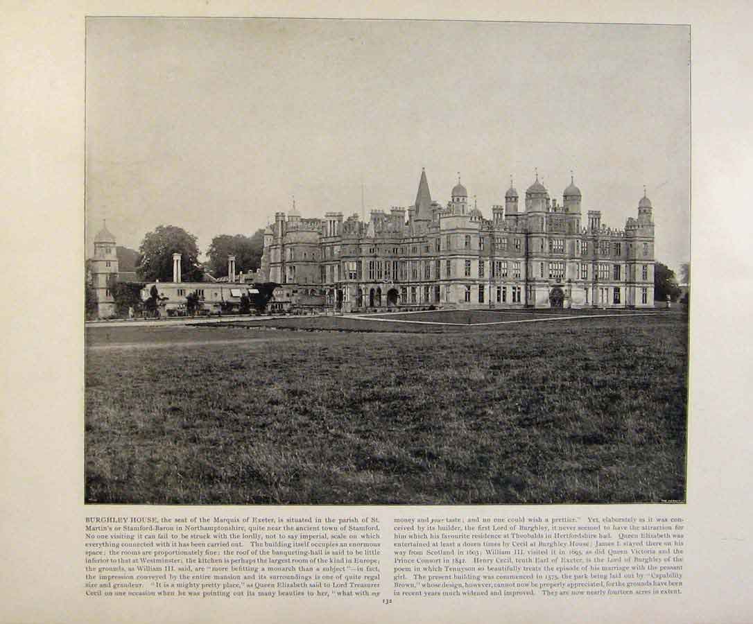 Original Old Antique Print Beautiful Britain Burghley House Early Photograph