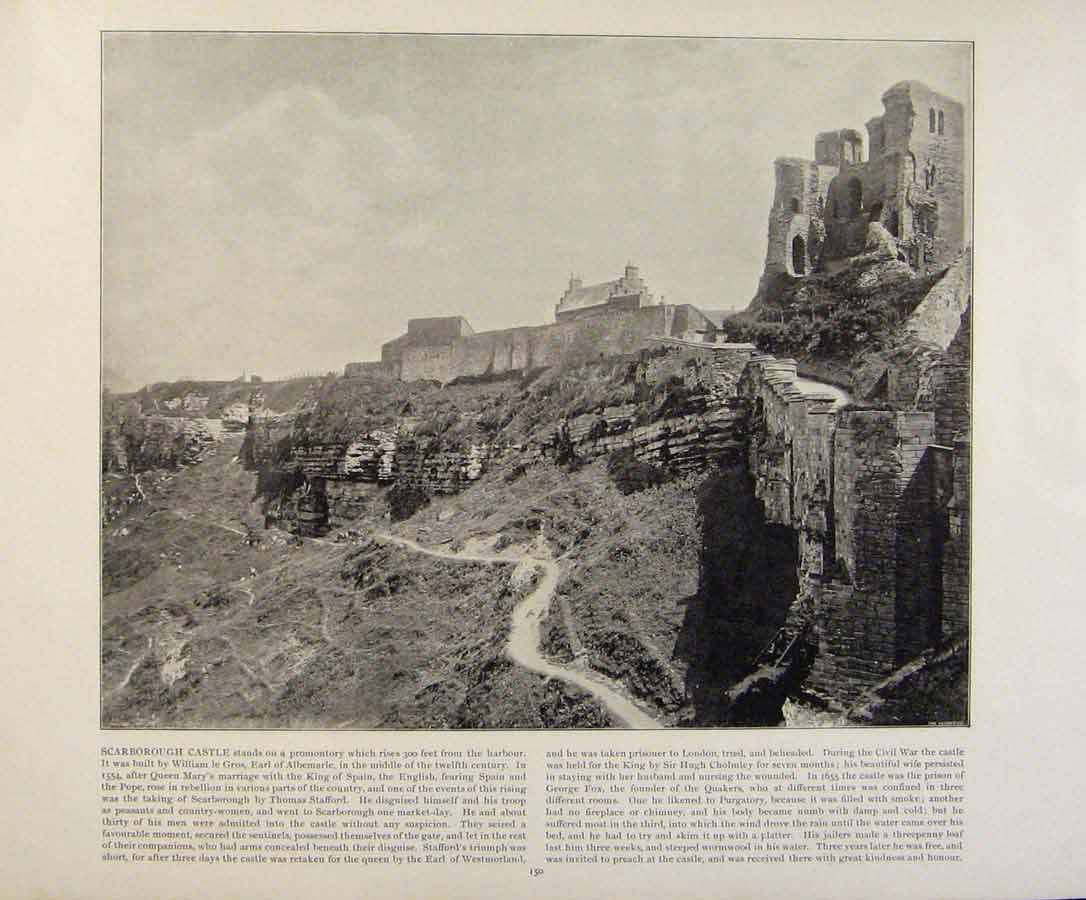 Original Old Antique Print Beautiful Britain Scarborough Castle Early Photograph