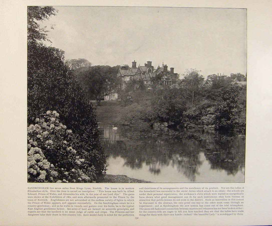 Original Old Antique Print Beautiful Britain Sandringham Early Photograph