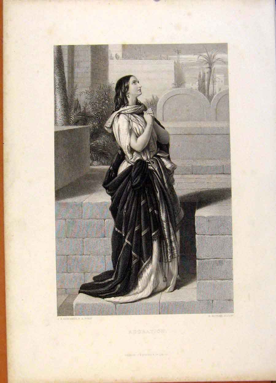 Original Old Antique Print The Holy Bible Adoration Steel Engraving