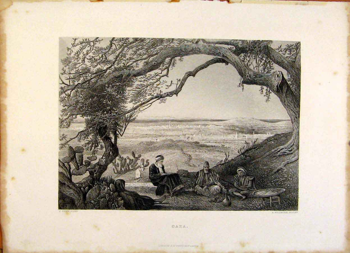 Original Old Antique Print The Holy Bible Gaza Steel Engraving
