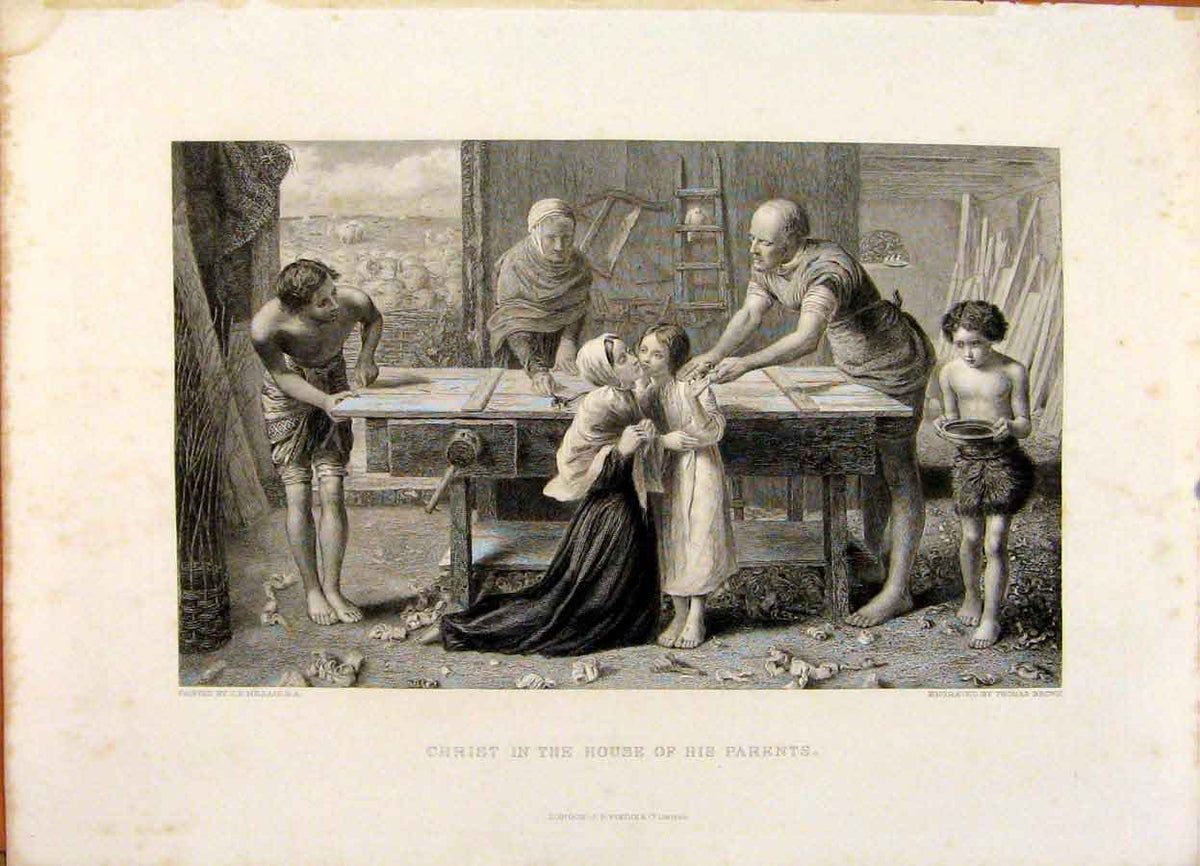 Original Old Antique Print The Holy Bible Christ In The House His Parents