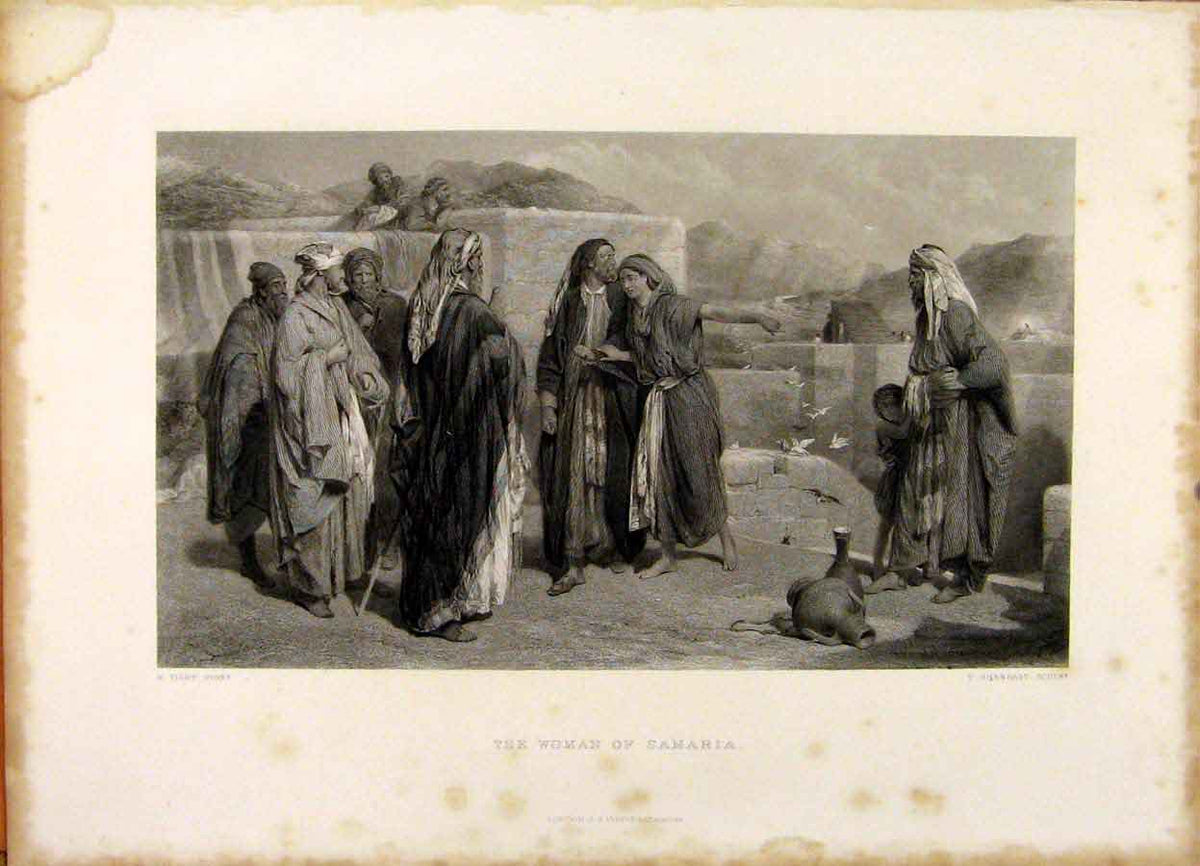 Original Old Antique Print The Holy Bible The Woman Samaria Steel Engraving